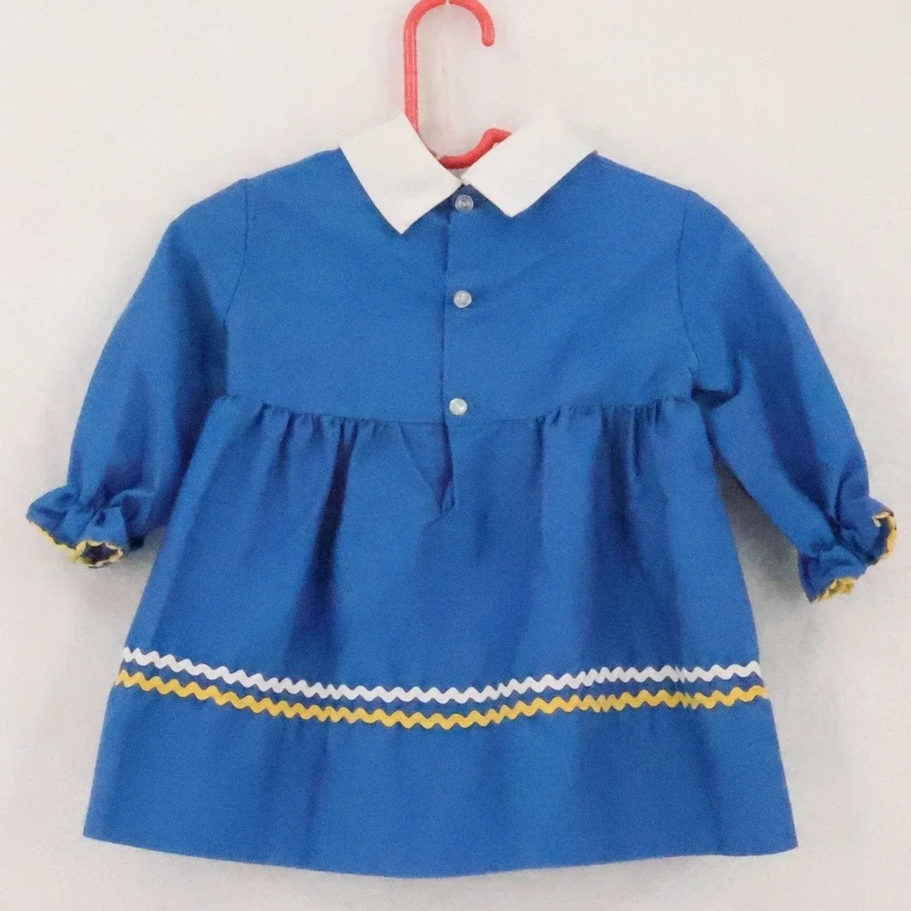Polly Flinders Hand Smocked Dress Girls Size T2 Blue Vintage 80s Ric‎ Rac Cotton